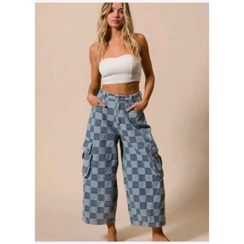 BiBi Wide Leg Jeans Womens Small Blue Light Wash High Rise Checkered Cargo Crop